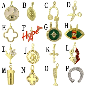 Detailed catalog of 16 gold-plated charms including evil eye, hope, and clover designs