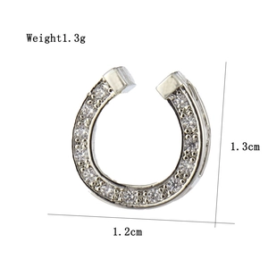Macro shot of horseshoe-shaped silver earring with micro-paved cubic zirconia stones