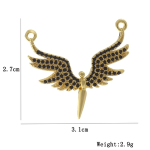 Detailed view of angel wing pendant with black zircon pavé and size measurements