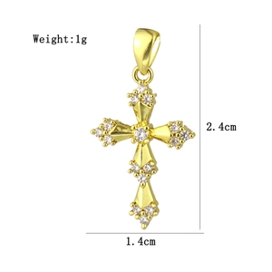 Detailed view of a gold cross pendant measuring 2.4cm by 1.4cm with micro-pave zircons