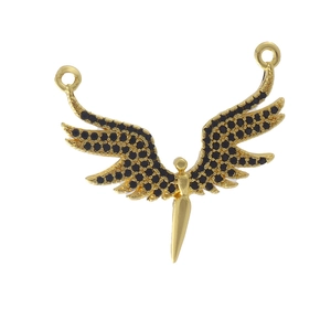 Detailed view of angel wing pendant with black pavé crystals and gold plating