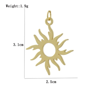 Detailed size view of a 18k gold plated sun pendant measuring 3.1cm x 2.5cm