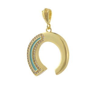 18k gold plated horseshoe pendant with blue enamel and micro-pave zircon crystals