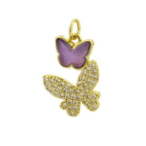 Golden butterfly pendant with micro-paved clear zircons and purple butterfly accent