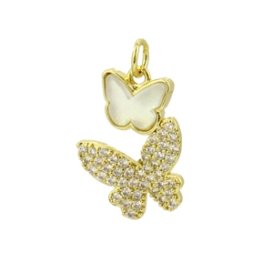 Golden double butterfly pendant with micro-pave zircon and white shell inlay for DIY jewelry