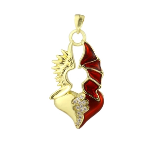 Detail of angel and demon heart pendant with gold feathers and red bat wings