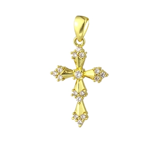 Detail of gold-plated cross pendant with micro-paved white zircon stones for jewelry DIY