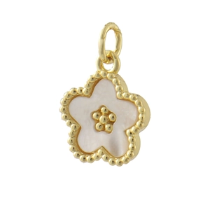 Golden five-petal flower pendant with white mother-of-pearl center and beaded edges