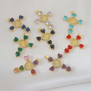 Verguld Koper Maagd Maria Kruis Hanger Hartvormige Kleurrijke Zirkonia Religieuze Sieraden Voor Vrouwen DIY Ketting