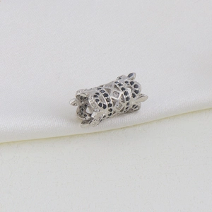 Silver hollow cylinder crown bead with black and clear cubic zirconia inlays