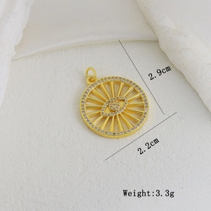 Macro view of gold evil eye pendant with cubic zirconia and size dimensions info