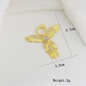 Gold angel wing pendant with pavé cubic zirconia and water drop stone, 3.1cm x 3.0cm size