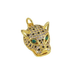 Colgante cabeza de leopardo dorada con circonitas y piedras verdes preciosas