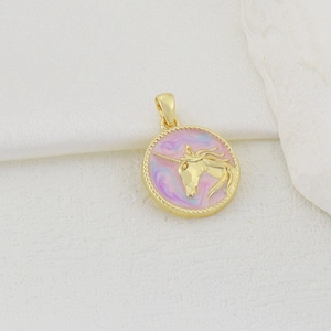 Pendente tondo unicorno dorato con smalto rosa glitterato e rilievo magico in oro