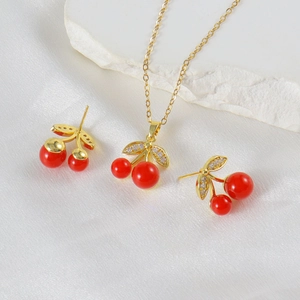 Elegant cherry jewelry set with red zircon pendant necklace and matching stud earrings