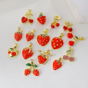 Copper Gold Plated Fruit Pendant For DIY Jewelry Making Strawberry Cherry Rhinestone Enamel Charms For Necklace Bracelet
