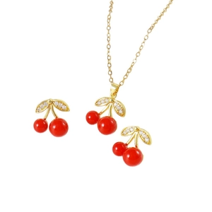 Fashion cherry jewelry set with red pendant necklace and stud earrings in gold finish