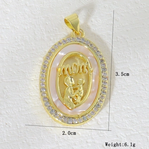 Detailed view of heart-shaped gold mom pendant with zircon and shell inlay measurements