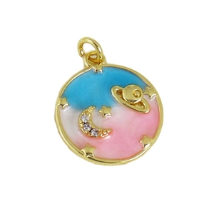 Star and moon enameled celestial pendant with zircon inlay on a gold-plated metal frame