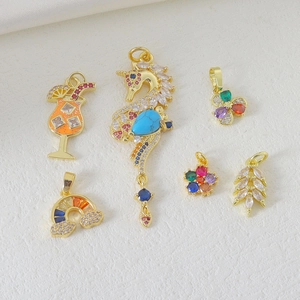 Copper Micro Pave Multicolor Rhinestone Pendants For DIY Jewelry Making Seahorse Rainbow Flower Cocktail Cups Charms Accessories