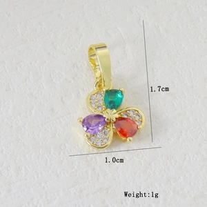 Detailed view of 1.7cm flower pendant with heart-shaped colorful zircons and gold plating