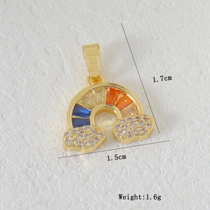 Macro detail of rainbow pendant with gold finish, colorful zircons and size specifications