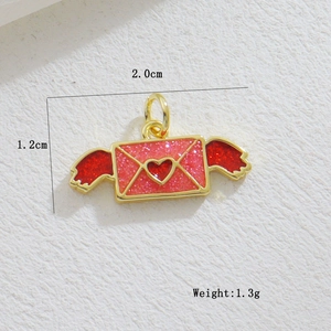 Pink envelope charm with red wings and heart showing dimensions 2.0cm and 1.2cm
