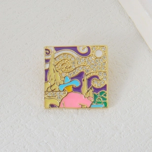 Van Gogh Starry Night inspired square brooch with zircon inlay and gold metallic frame