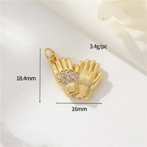 Detail view of gold-plated glove charms with cubic zirconia and exact dimensions