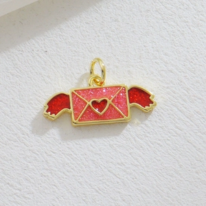 Pink glitter envelope pendant with red heart wings and gold-plated bail detail