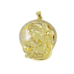Gold Virgin Mary and Child medallion pendant with shimmering zircon border accents