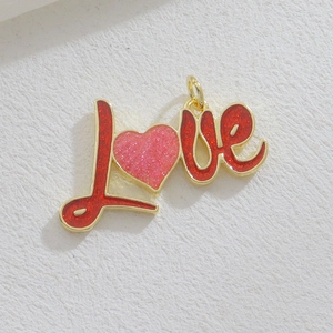 Gold-plated LOVE charm with red glitter inlay and pink heart for DIY jewelry making