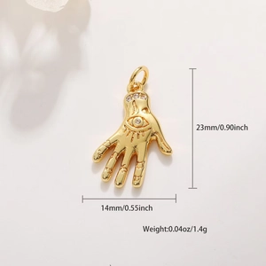 Close-up of gold-plated Hamsa Hand pendant showing dimensions and 1.4g weight.