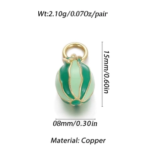 Macro shot of 15x8mm watermelon charm in copper with dimensions and weight info