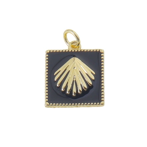 Vintage square copper pendant with gold shell relief and black enamel inlay for necklaces