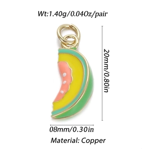 Detail view of a 20mm gold-plated copper watermelon pendant with dimensions and weight info