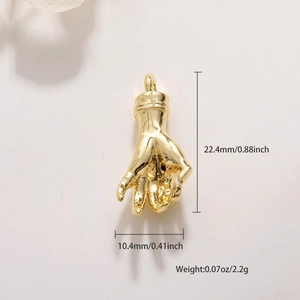 Detailed size view of gold plated fist pendant showing height and weight metrics