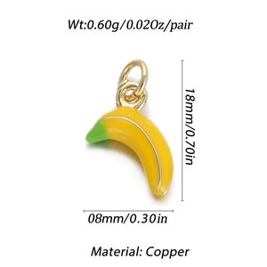 Detailed view of handmade copper banana pendant with yellow enamel and 18mm by 8mm dimensions