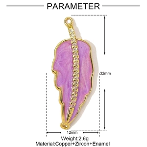 Detailed parameter display of gold feather pendant with purple enamel and white zircon stones