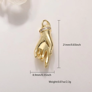 Detailed view of gold hand pendant dimensions with 21mm height and diamond wrist detail