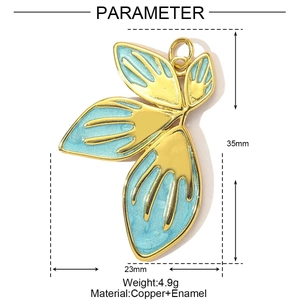 Detailed view showing dimensions of 35mm gold-plated leaf pendant with blue enamel inlay