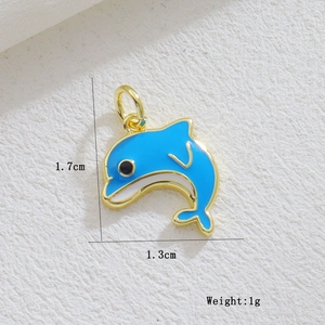 Blue enamel dolphin pendant with gold edges, detailed 1.7cm x 1.3cm size and weight specs