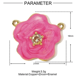 Pink enamel flower pendant dimension chart with measurements and weight details