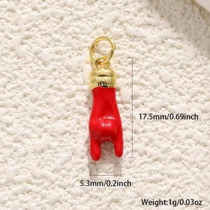 Detail of red enamel hand gesture pendant showing dimensions 17.5mm x 5.3mm and 1g weight