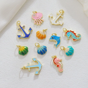 Enamel Copper Sea Creature Heart Evil Eye Pendants For DIY Jewelry Making Seahorse Shell Anchor Dolphin Charm