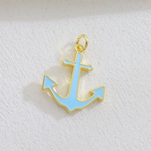 Golden anchor charm with light blue enamel inlay for DIY necklaces and bracelets
