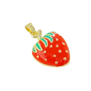 Sweet red strawberry pendant with green leaves in 18k gold plated copper for DIY jewelry