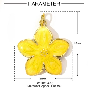 Detailed size parameter view of yellow enamel flower pendant with gold plated copper edges