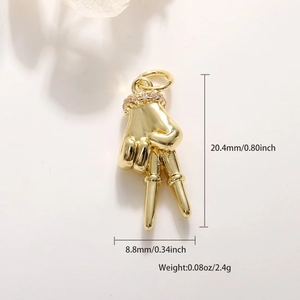 Detailed size view of gold-plated V-gesture pendant with pink zircon wrist inlay