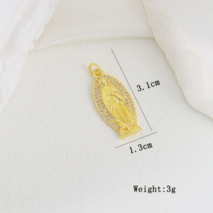 Detail view of 3.1cm golden religious pendant with Virgin Mary icon and white zircons